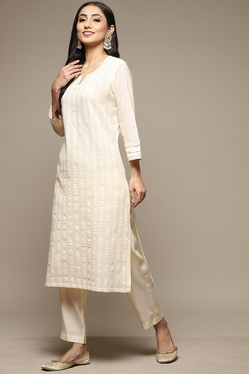 Off White Cotton Straight Kurta image number 5