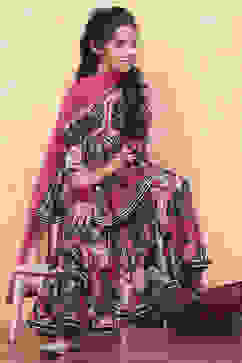 Blue Poly Chinnon Floral Printed Gathered Suit Set image number 0