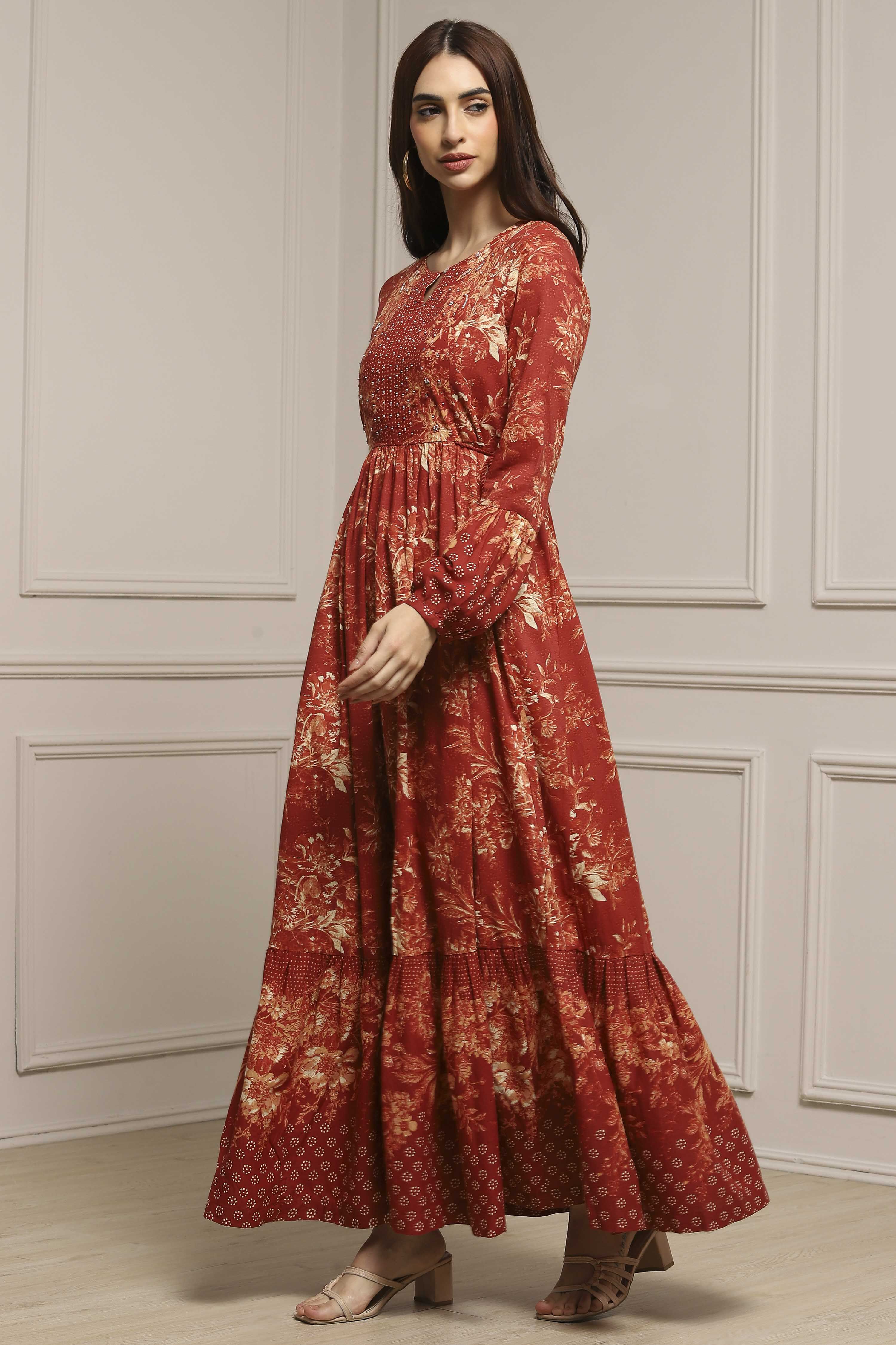 Rust Floral Printed Tiered Flared Dress image number 2