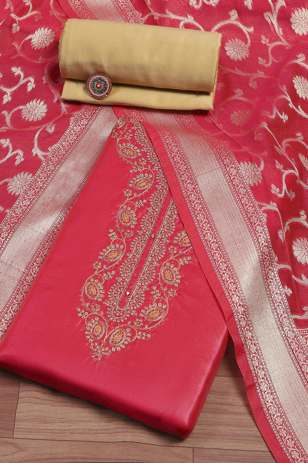 Fuchsia Chanderi Machine Embroidered Unstitched Suit Set image number 0