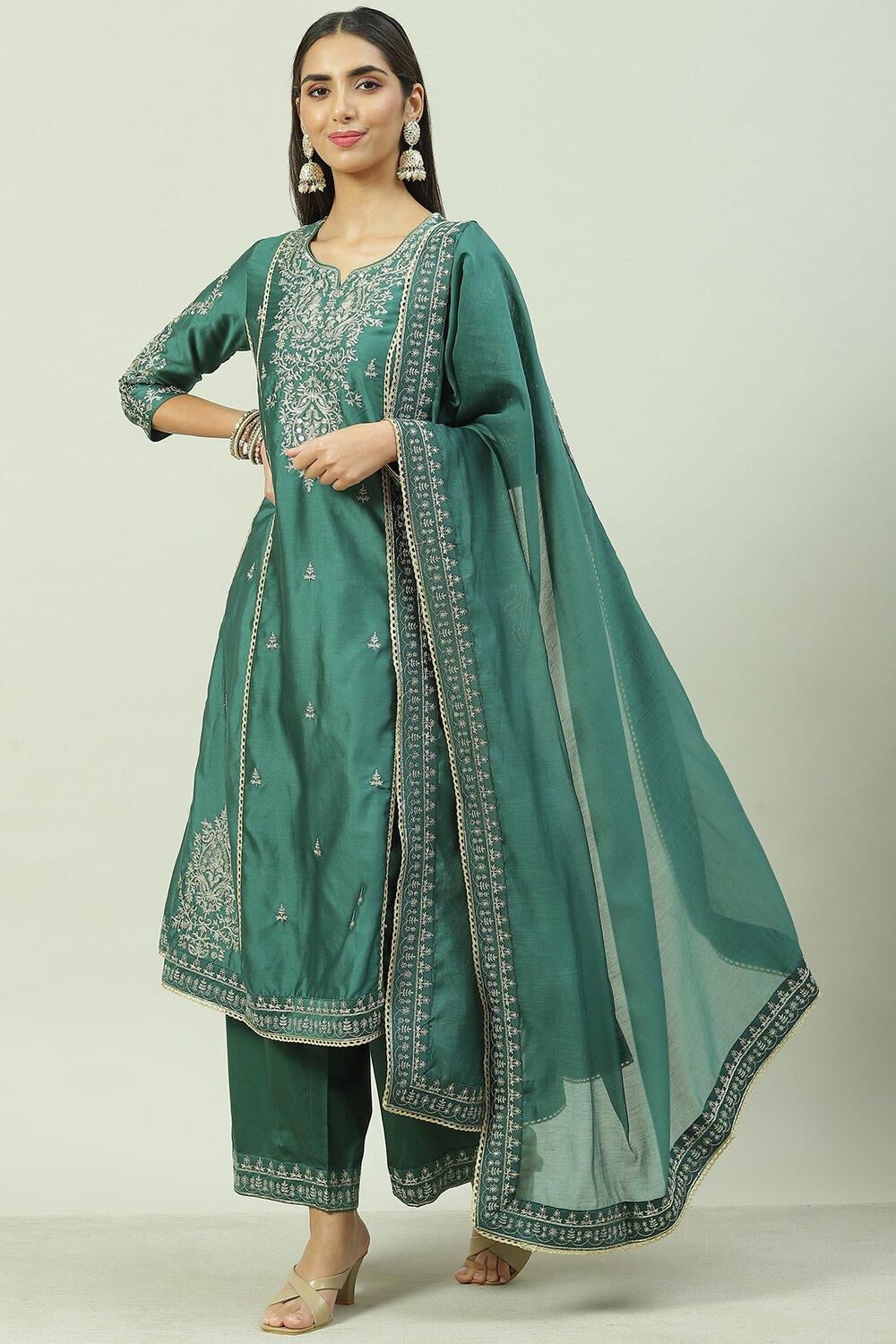 Dark Green Cotton Blend A-Line Kurta Palazzo Suit Set image number 5