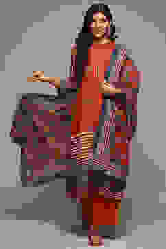 Rust & Indigo Rayon Straight Kurta Palazzo Suit Set image number 0