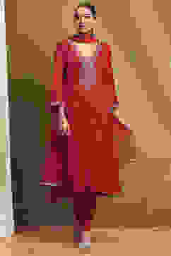 Red Embroidered Festive Kalidar Suit Set image number 6