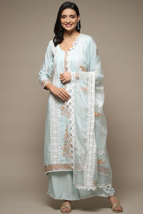 Light Blue Muslin Lace Unstitched Suit Set image number 8