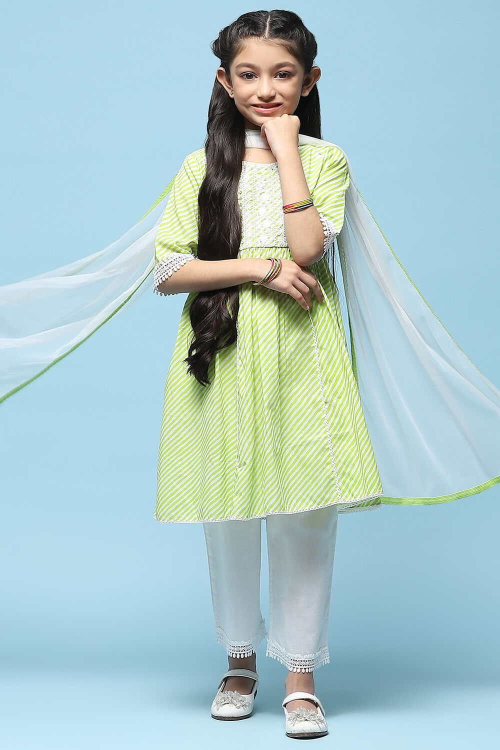 Green Leheriya Cotton Kurta With Palazzo & Net Dupatta image number 0