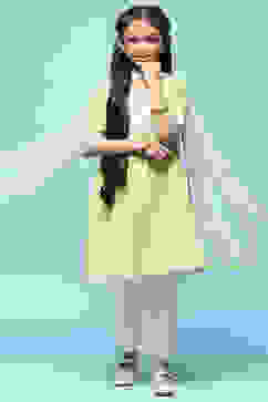 Green Leheriya Cotton Kurta With Palazzo & Net Dupatta image number 0