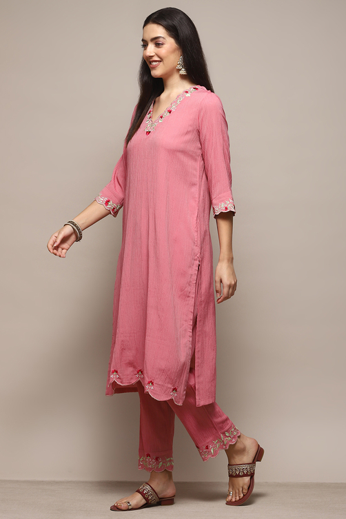 Pink Poly Viscose Straight Suit Set image number 3