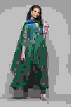 Peacock Green Polyester Anarkali Kurta Churidar Suit Set image number 6