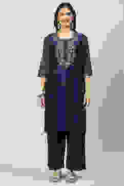 Navy Blue Art Silk Straight Kurta Palazzo Suit Set image number 7