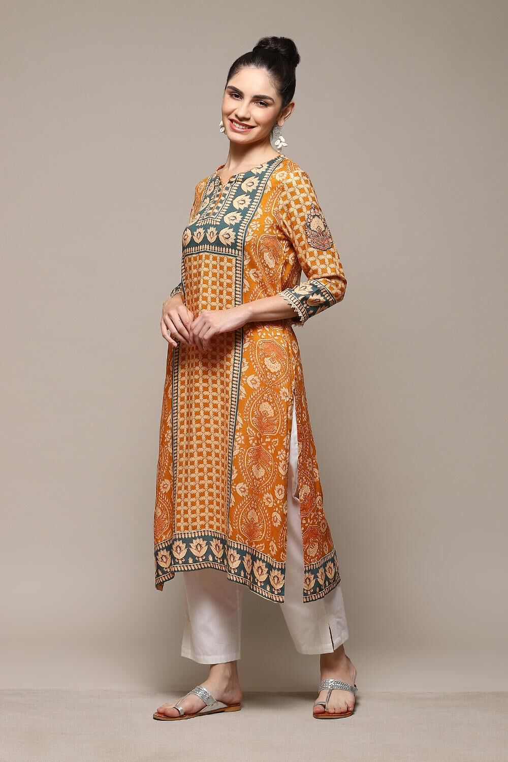 Burnt Orange LIVA Straight Printed Kurta image number 2