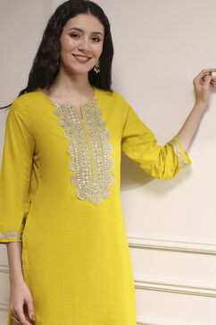 Lime Green Cotton Straight Solid Kurta image number 1
