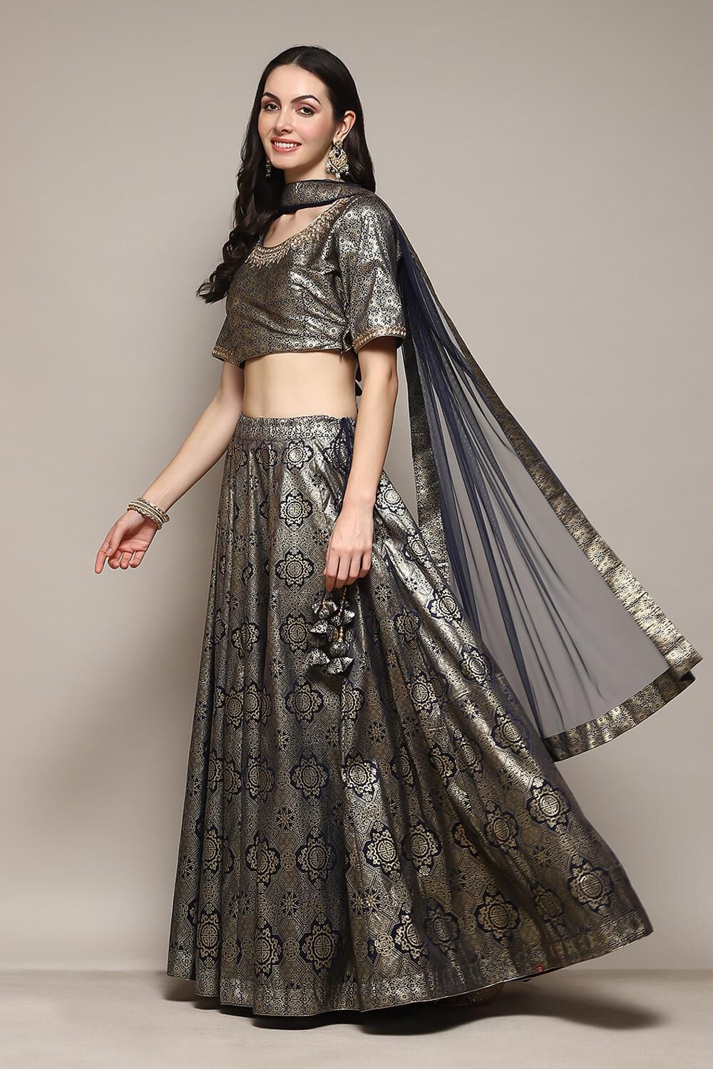 Navy Blue Polyester Straight Kurta Lehenga Set image number 5