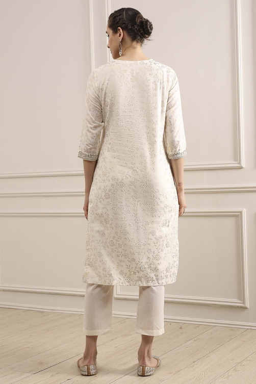 Off-White Cotton Printed Straight Suit Set image number 4