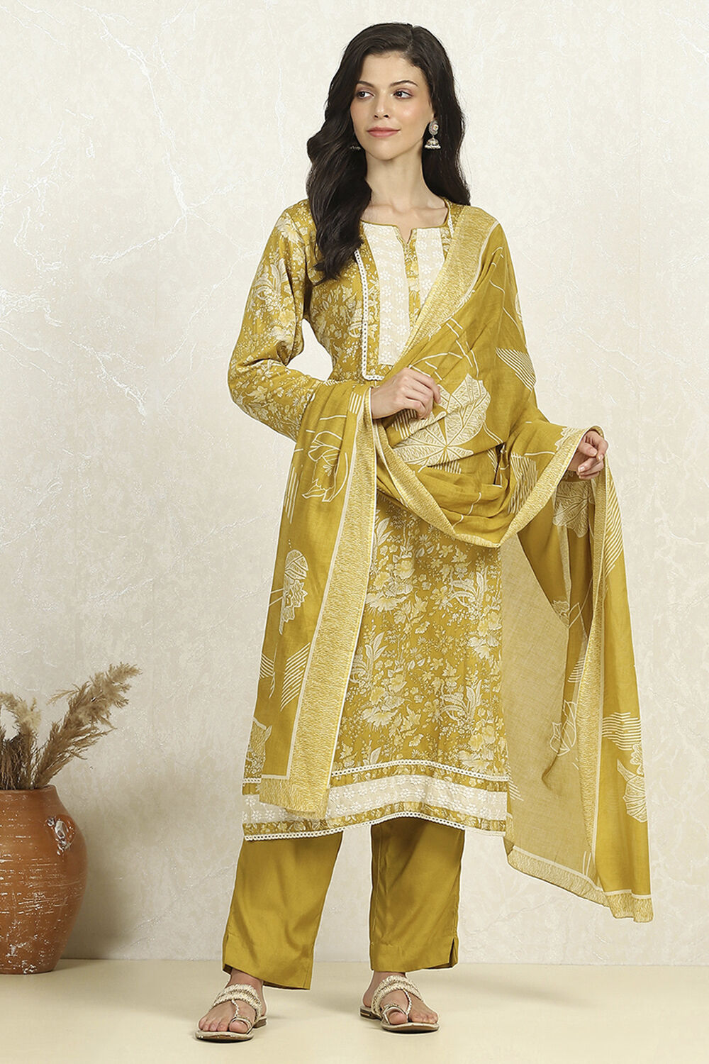Yellow Cotton Floral Printed Unstitched Suit Set image number 1