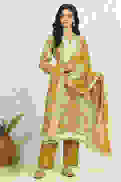 Yellow Cotton Floral Printed Unstitched Suit Set image number 1