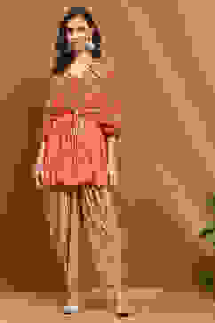 Peach-Toned and Beige Embroidered Peplum Kurta Set image number 6