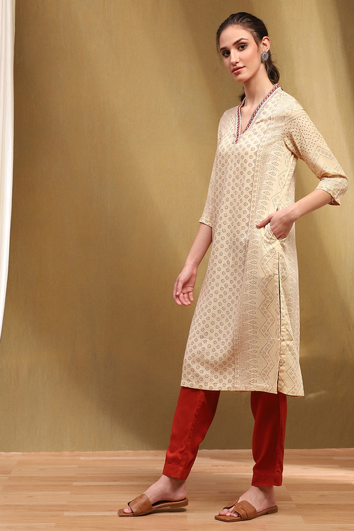 Cream-coloured Printed Regular Fit Straight Kurta image number 2