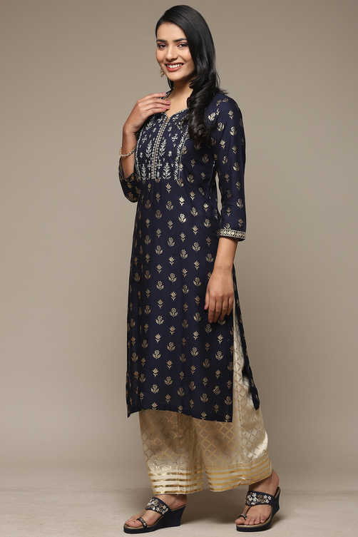 Navy Blue Rayon Straight Kurta Palazzo Suit Set image number 3