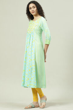 Turquoise Cotton Flared Printed Kurta image number 2