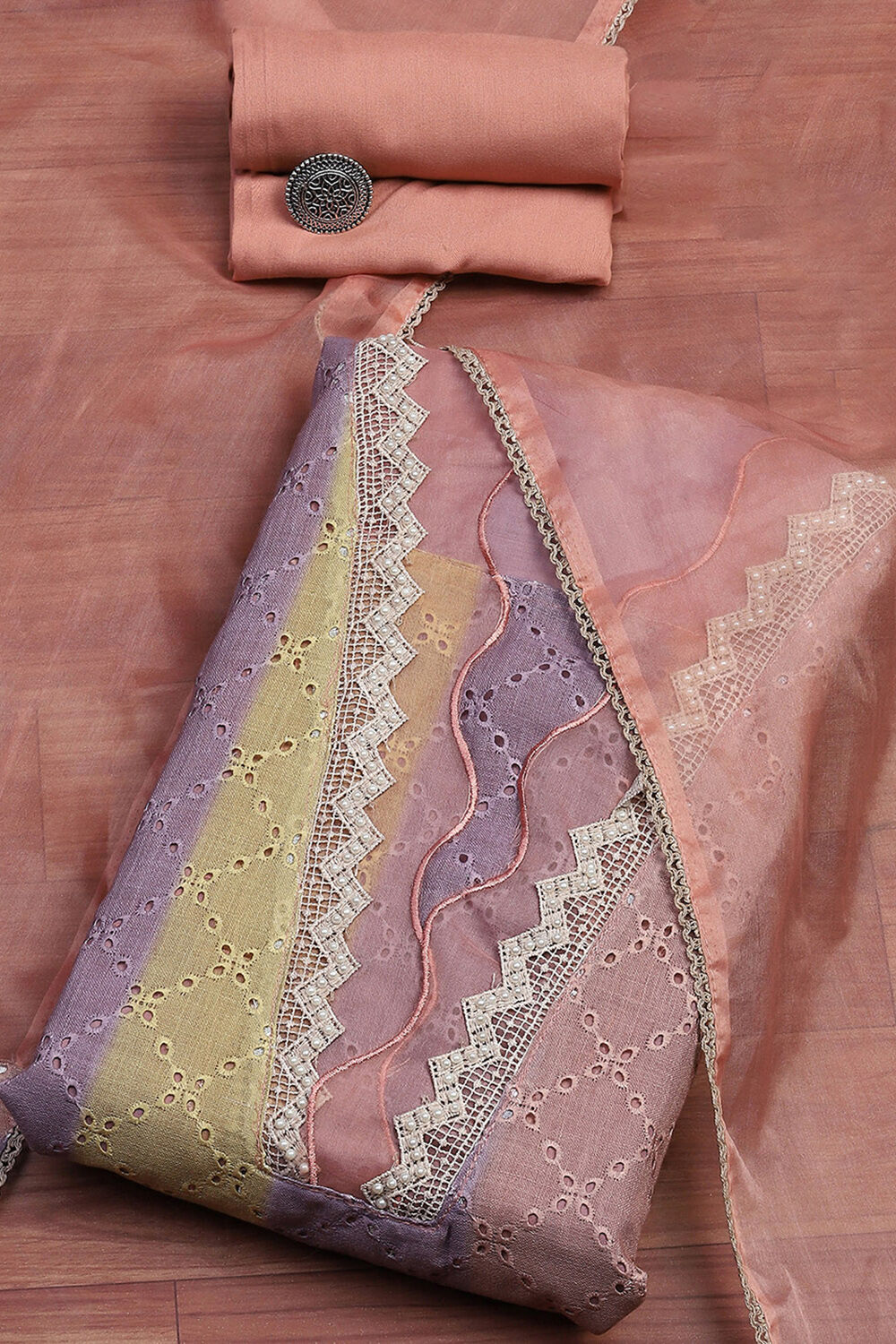 Green Cotton Blend Schiffli Unstitched Suit Set image number 0