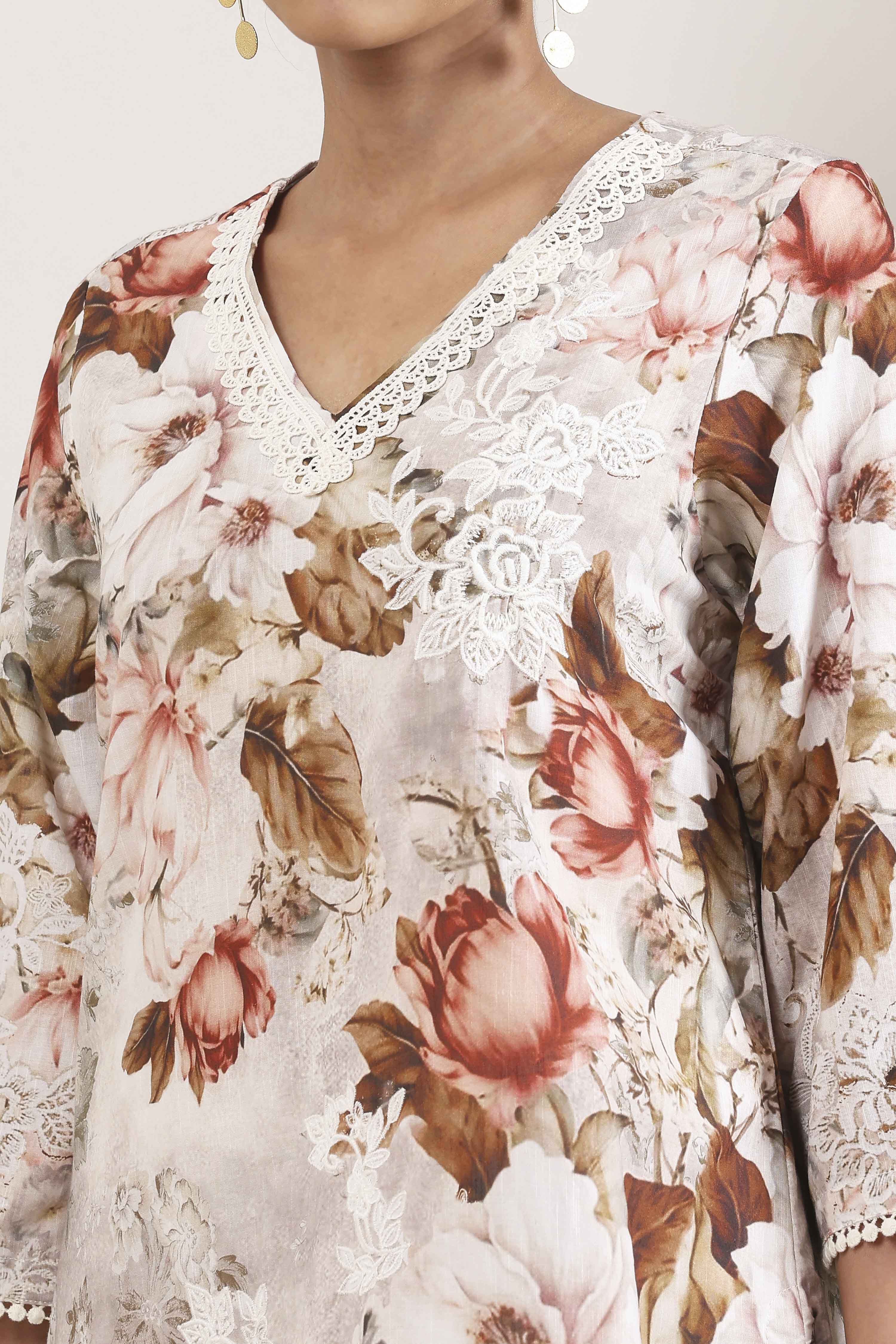 Beige Cotton Floral Printed Straight Suit Set image number 1