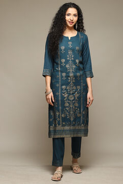 Teal Rayon Straight Kurta Pants 2 Piece Set image number 6