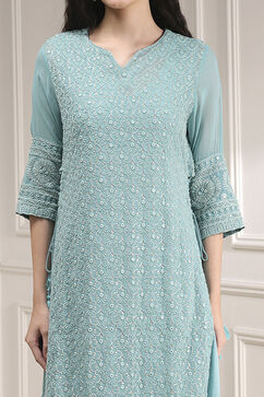 Powder Blue Cotton Blend Layered Embroidered Fusion Set image number 1