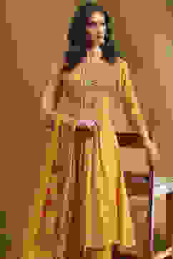 Mustard Yellow Cotton Printed Flared Festive Suit Set image number 6