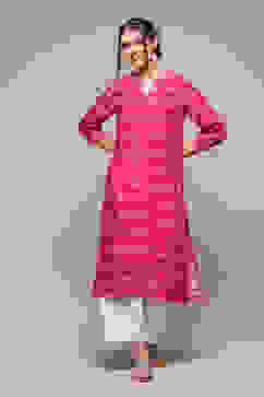Hot Pink LIVA Straight Printed Kurta image number 1
