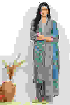 Teal Linen Digital Print Unstitched Suit Set image number 1