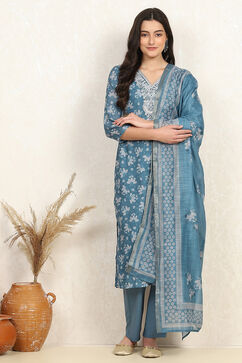 Teal Linen Blend Digital Print Unstitched Suit Set image number 1