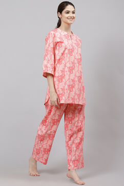 Pink Straight Cotton Three Piece Printed Sleepwear Set image number 5
