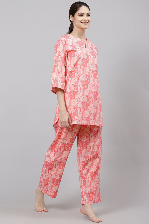 Pink Straight Cotton Three Piece Printed Sleepwear Set image number 5
