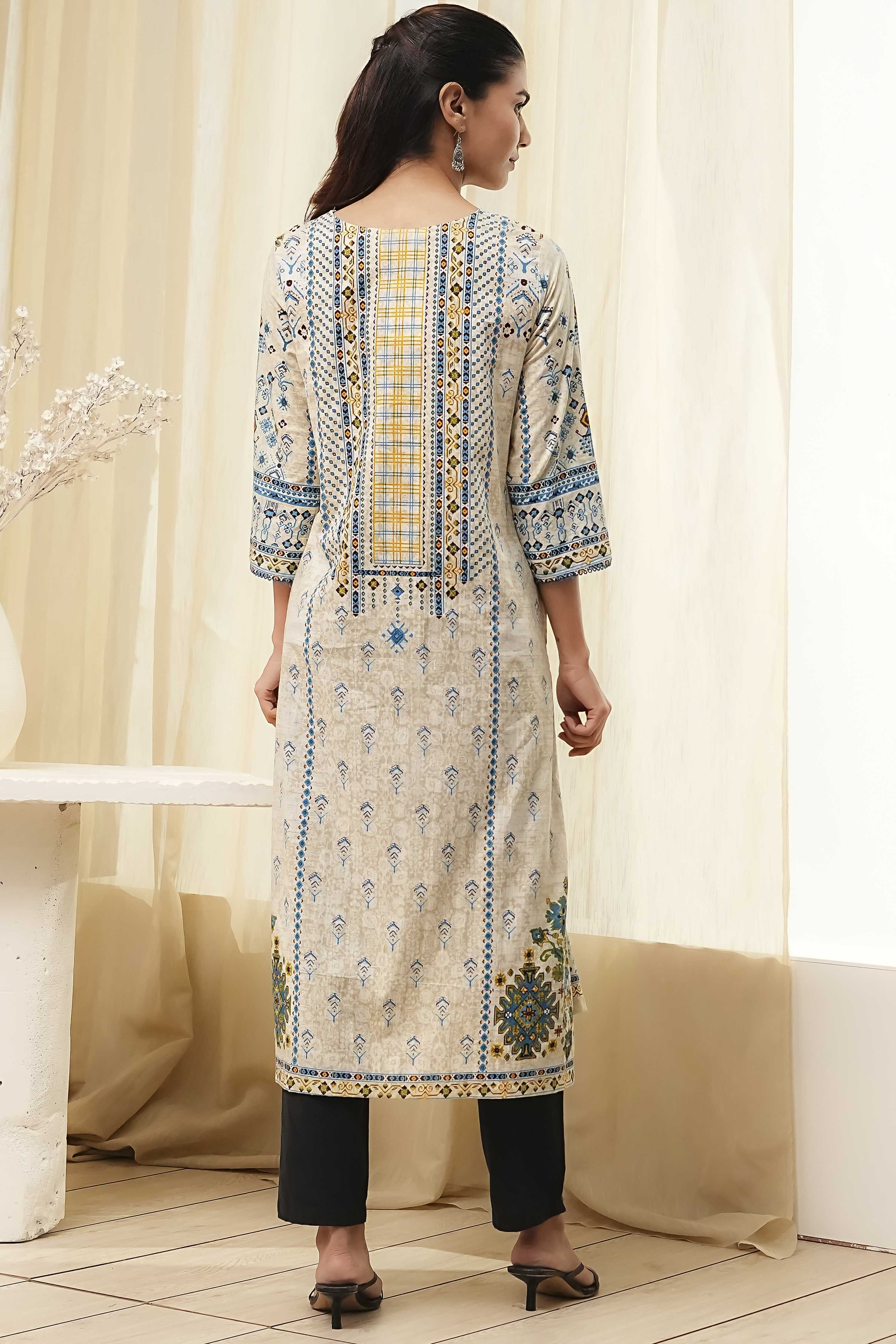 Off-White and Blue Cotton Straight Kurta image number 3