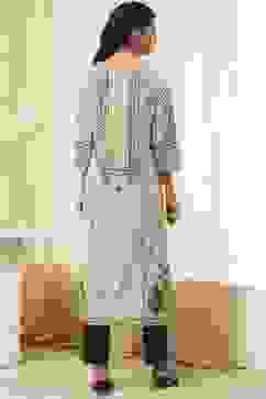 Off-White and Blue Cotton Straight Kurta image number 3