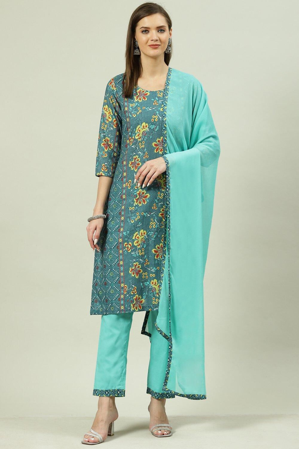 Multi-coloured Printed Straight Kurta Regular Pants Suit Set image number 7
