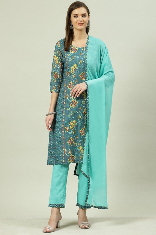 Multi-coloured Printed Straight Kurta Regular Pants Suit Set image number 7