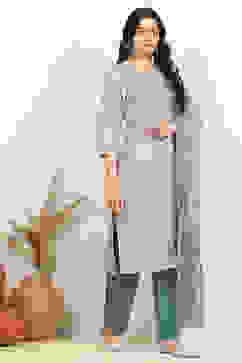 Teal Cotton Unstitched Suit Set image number 6