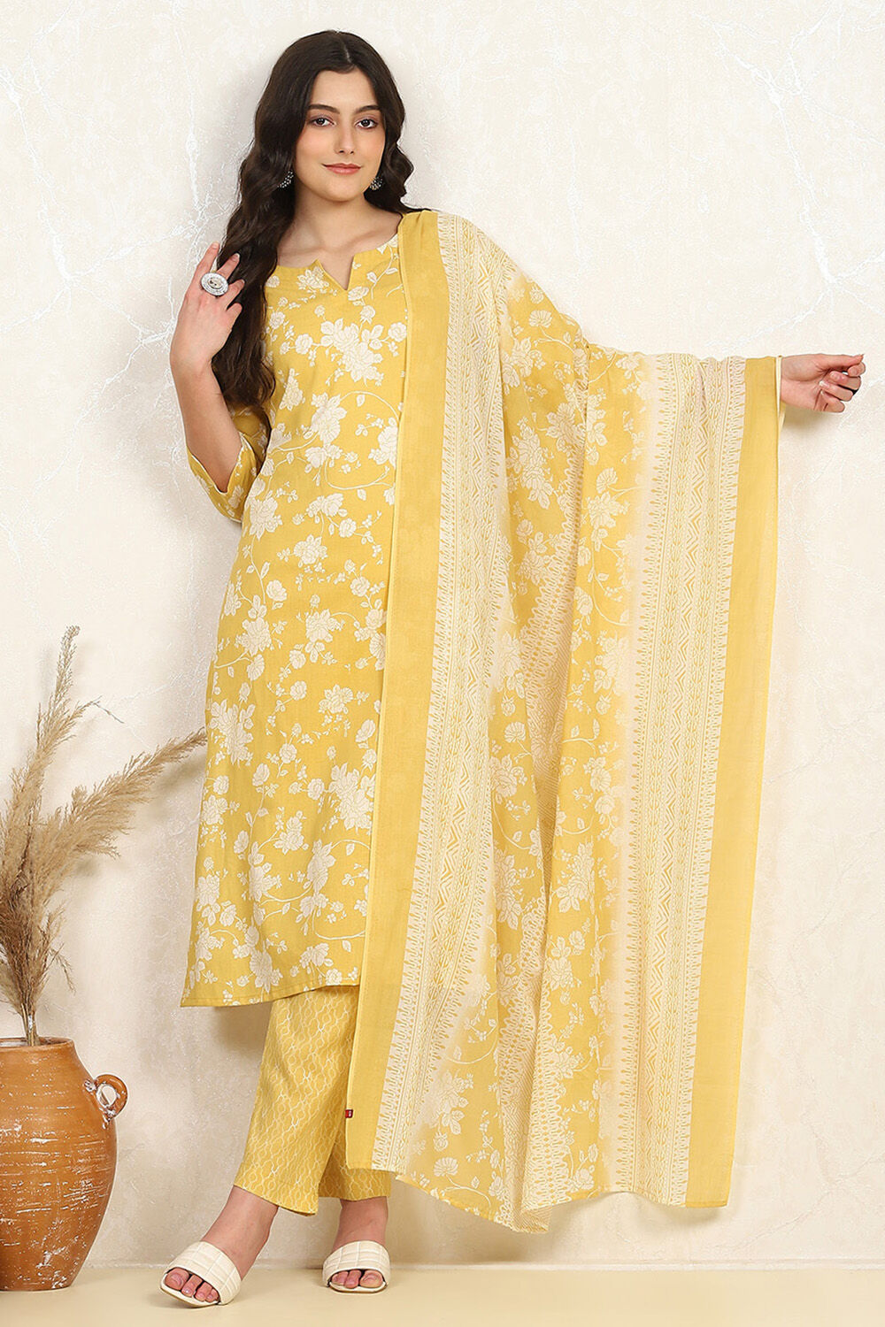 Mustard Yellow Cotton Screen Print Unstitched Suit Set image number 1