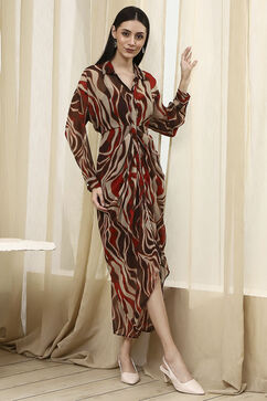 Brown Printed Gathered Tulip Dress image number 0