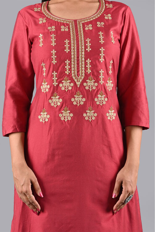 Red Muslin Cotton Easy Stitch Suit Set image number 1