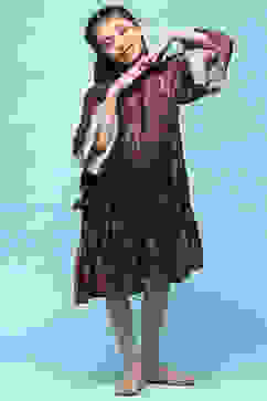 Brown Viscose Satin Tiered Printed Dress image number 5