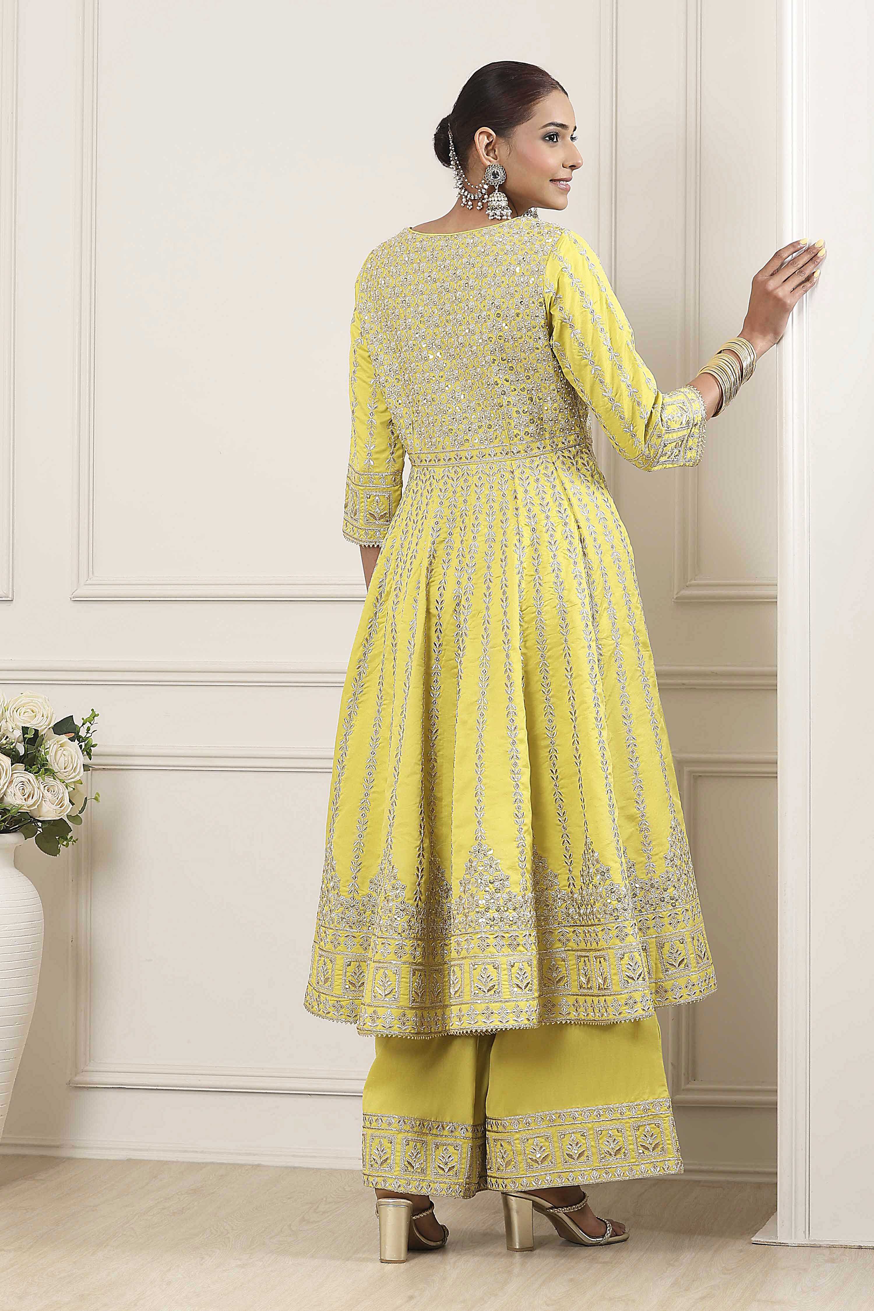 Lime Green Cotton Silk Anarkali Suit Set image number 4