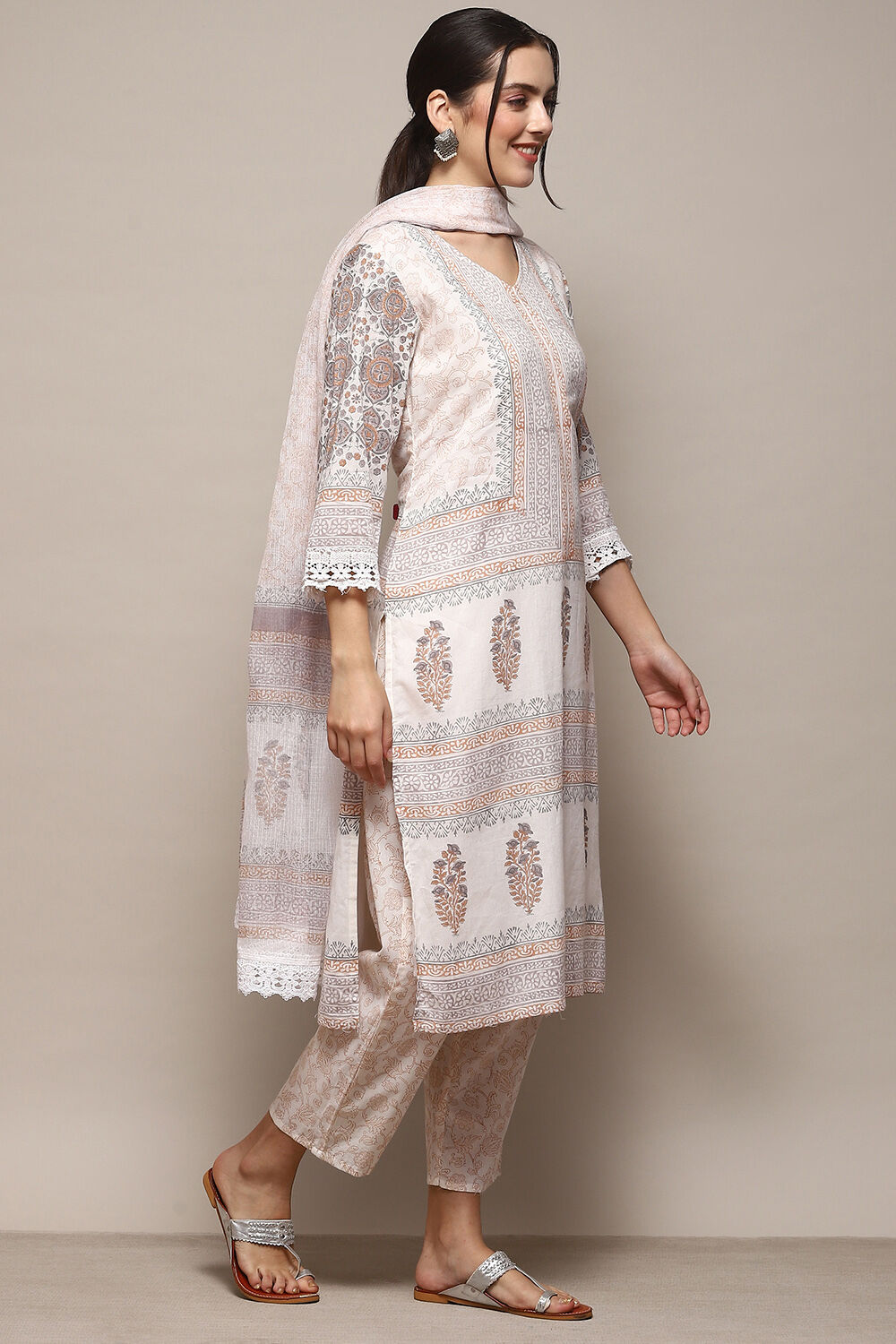 Beige Cotton Machine Embroidered Unstitched Suit Set image number 7