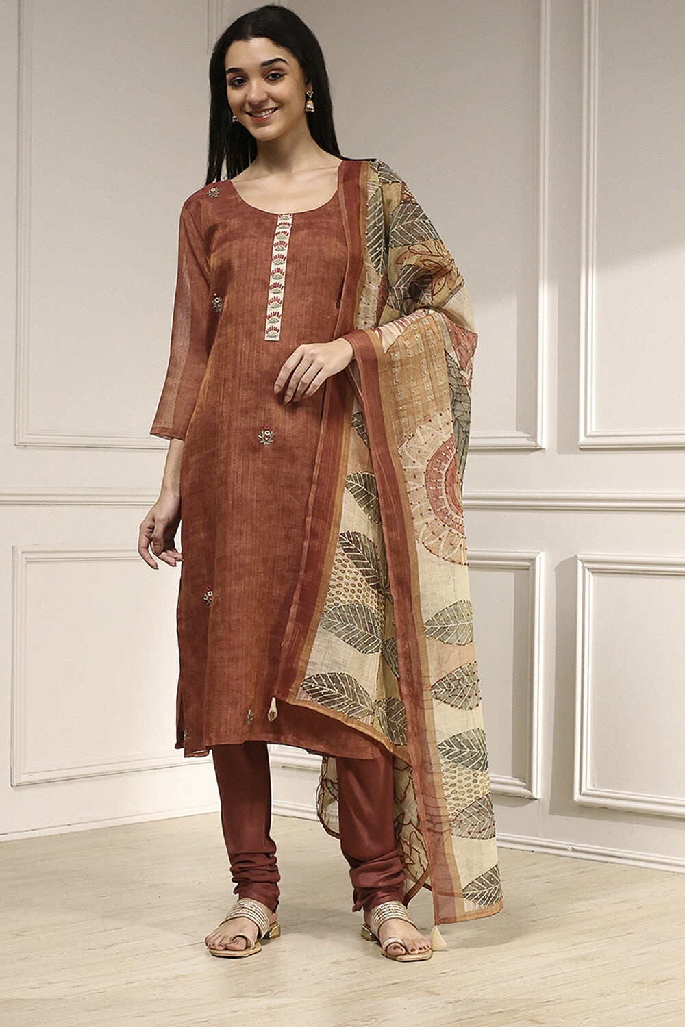 Rust Linen Blend Hand Embroidered Unstitched Suit Set image number 1