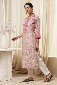 Beige Cotton Printed Straight Kurta image number 2