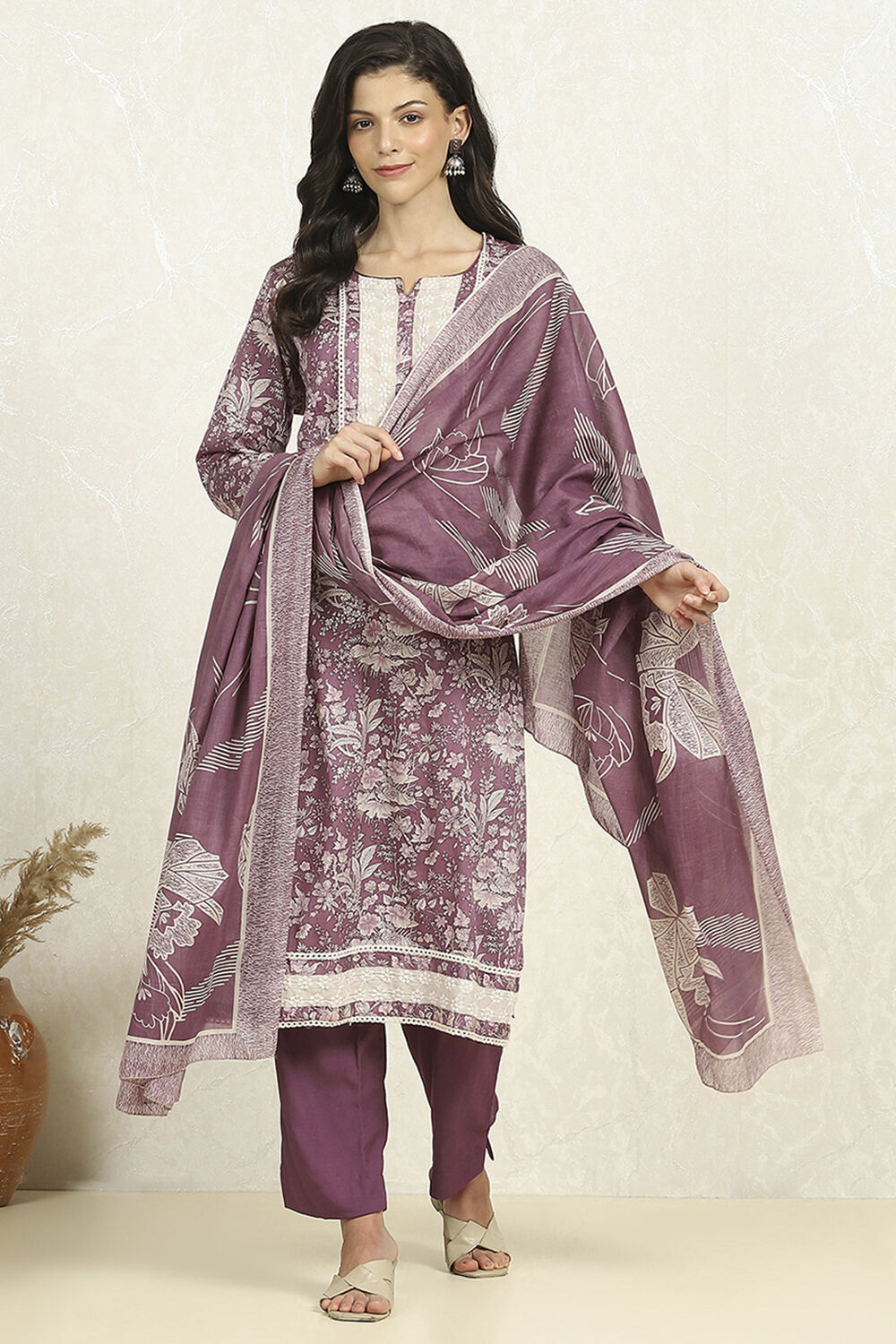Purple Cotton Floral Printed Unstitched Suit Set image number 1