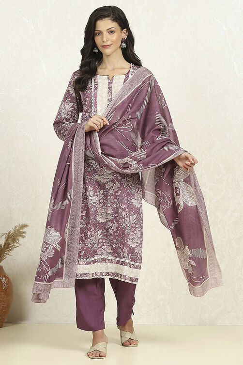 Purple Cotton Unstitched Suit Set image number 1