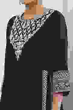 Black Dyed Solid Gathered Straight Suit Set image number 1