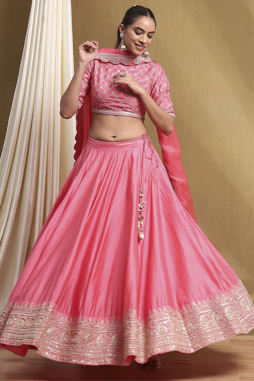 Coral Cotton Blend Embroidered Lehenga Set image number 0
